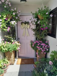 Una puerta rosa con muchas flores. en Queenstown Retreat en Queenstown