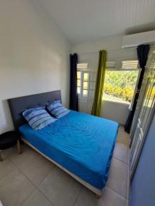 a bedroom with a bed with blue sheets and a window at Villa Corazon in Sainte-Luce