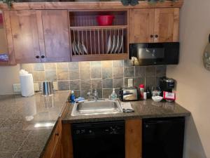 a kitchen with a sink and a microwave at Morning Star Lodge - Hosted by Linda in Kellogg
