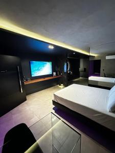 1 dormitorio con 1 cama grande y TV de pantalla plana en All in Motel, en Garanhuns