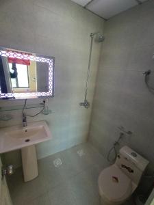 La salle de bains est pourvue de toilettes, d'un lavabo et d'un miroir. dans l'établissement Bhurban 2bed townhouse with a lawn, à Bhurban