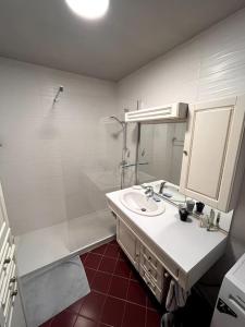 Baño blanco con lavabo y espejo en Grand T2, en Annemasse
