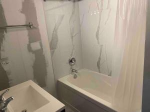 a bathroom with a shower and a sink and a tub at Downtown apartment 2/3 people . in Bowmanville
