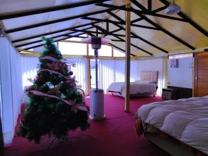 ein Schlafzimmer mit einem Weihnachtsbaum in einem Zimmer in der Unterkunft Uros Habitación Suite in Puno