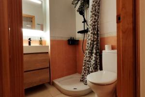 a bathroom with a toilet and a shower curtain at La terraza de Algeciras. in Algeciras