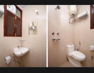 two pictures of a bathroom with a toilet and a sink at Surya Stay Inn in New Delhi