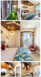 uma colagem de fotografias de um quarto com uma cama e uma varanda em Rizell Alexis em Shimla