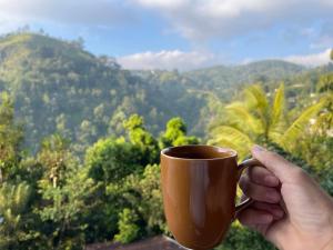a person holding a cup of coffee in front of a mountain at Country Homes in Ella