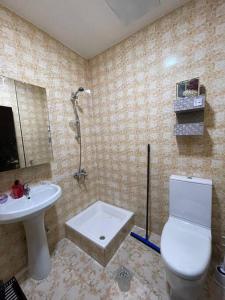 La salle de bains est pourvue de toilettes et d'un lavabo. dans l'établissement Karen's Studio in corniche Abu Dhabi behind Shikha Fatima park, à Abu Dhabi