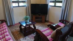 a living room with a couch and a tv at Hundred Islands Guest House in Alaminos