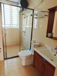 a bathroom with a shower and a toilet and a sink at Banyan Bay Homestay, Meizhou Island in Meizhou