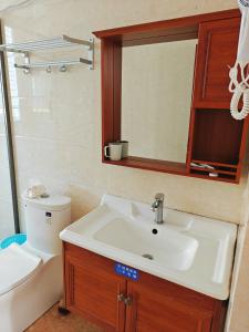 a bathroom with a sink and a toilet and a mirror at Banyan Bay Homestay, Meizhou Island in Meizhou