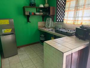 una cocina verde con fregadero y encimera en Las Casitas de Playa Ne gra, en Puerto Viejo