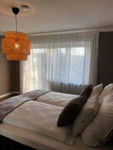 1 dormitorio con cama con almohadas y ventana en Ferienwohnung Spiemont, en Sankt Wendel