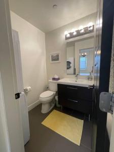 a bathroom with a toilet and a sink and a mirror at Mosaic Suite at The Inn On The Drive in Vancouver