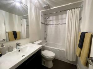 La salle de bains est pourvue d'un lavabo, de toilettes et d'une baignoire. dans l'établissement Patio Suite at The Inn On The Drive, à Vancouver