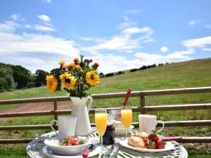 a table with food and a vase of flowers and juice at 1 Bed in Hereford 78641 in Callow