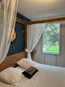 a bedroom with a large bed with a window at L'Eucalyptus in Marans