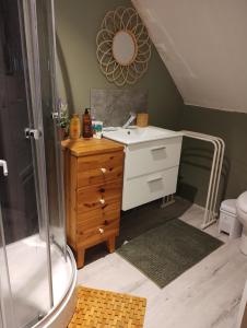 een badkamer met een wastafel en een douche bij Chambre esprit 'plage' dans longère chez Stéphanie près circuit Mans in Marigné-Laillé