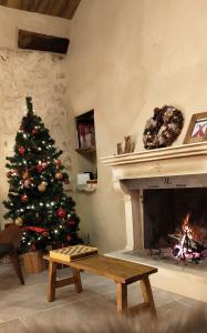 einen Weihnachtsbaum im Wohnzimmer mit Kamin in der Unterkunft MALU' Exclusive Retreat in Pescocostanzo