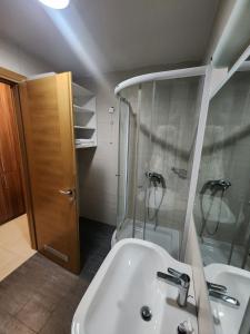 ein Badezimmer mit einem weißen Waschbecken und einer Dusche in der Unterkunft RT APARTMANI VUČKO JAHORINA in Jahorina