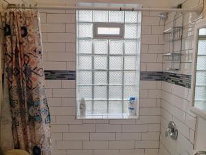 a shower with a window in a bathroom at Classy Apt/Comfy Beds/25mins to ORD, MDW, DT, HOSP in Berwyn