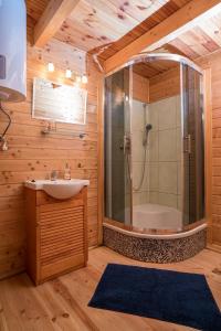 a bathroom with a shower and a sink and a tub at domek letniskowy in Urowo