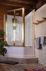 a bathroom with a shower with a window at Summer Paradise at the Valley Farm House in Healesville