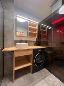a bathroom with a sink and a washing machine at Das Genner - Boutique Appartement in Tauplitz +30 photos