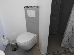 a bathroom with a white toilet and a shower at Susanne Hendus in Neustadt in Holstein