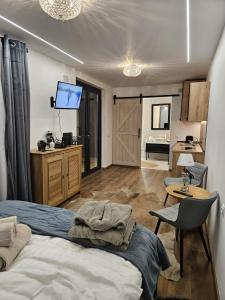 1 dormitorio con cama, mesa y TV en Malina Glamping en Vama