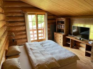 1 dormitorio con 1 cama grande en una cabaña de madera en CHALET RONDIN en Gryon