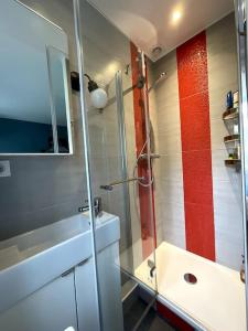 y baño con ducha acristalada y lavamanos. en Grand Appartement proche Paris, en Sèvres