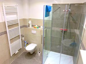 La salle de bains est pourvue d'une douche et de toilettes. dans l'établissement Ferienwohnungen Arp "Beach House" mit Terrasse und Parkplatz, à Itzehoe