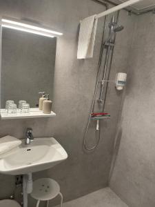 a bathroom with a shower and a sink and a shower at Hotell Briggen i Åhus in Åhus