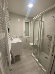 a bathroom with a shower and a sink and a toilet at La casa de las Flores in Ponferrada