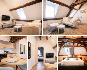 a collage of photos of a living room and a loft at Le Laurencin Sens - L Authentique in Sens