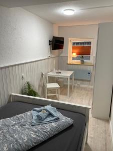 Kleines Zimmer mit einem Bett, einem Tisch und einem TV. in der Unterkunft Waldperle in Jarmen