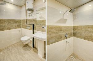 2 immagini di un bagno con servizi igienici e lavandino di Smart Plaza Hotel a Nuova Delhi