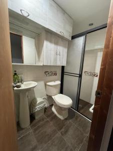 La salle de bains est pourvue de toilettes, d'un lavabo et d'une douche. dans l'établissement Hermoso y amplio apartamento en Niquia, à Bello