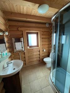 a bathroom with a toilet and a sink and a shower at Knyazhyj Dvir in Yaremche