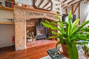a living room with a fireplace and a plant at Micawber Cottage, Rattlesden in Rattlesden