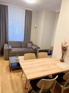un salon avec une table et un canapé dans l'établissement SUNSKII Apartments, à Brzeće 9 autres photos