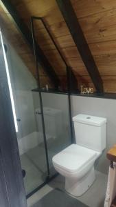 ein weißes WC im Bad mit Holzdecke in der Unterkunft Chalé em Alfredo Wagner in Alfredo Wagner