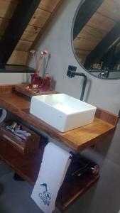a white sink on a wooden counter with a mirror at Chalé Recanto da Coruja in Alfredo Wagner