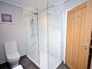 La salle de bains est pourvue d'une douche en verre et de toilettes. dans l'établissement 1 Bed in Conwy 60294, à Llangelynin