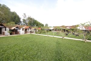a green yard with houses and a grass field at OYO 90908 Noor Arfa River Chalet in Kuala Terengganu
