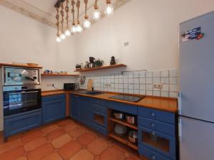 a kitchen with blue cabinets and a white refrigerator at DEUTSCHE VILLA - DELUXE APARTMENT mit Sauna und großem Garten in Rostock