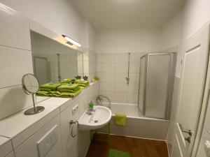 La salle de bains est pourvue d'un lavabo, d'une douche et d'un miroir. dans l'établissement Traumwohnung STÖRTEBEKER ruhig & großzügig zentral, à Rostock