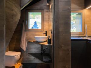 Un baño con lavabo, inodoro y ventana. en Chalet Baita Aria, en Ponte di Legno